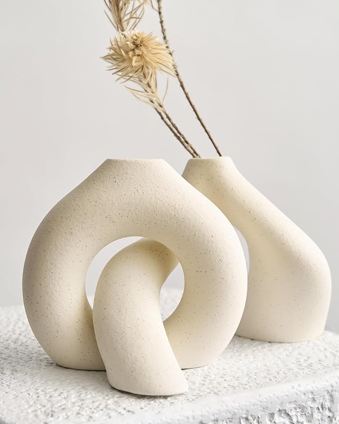 NOBULA White Ceramic Donut Vases – Modern Home Decor for Living Room, Bedroom & Table Centerpiece - Minimalist Nordic – Unique Vases for Olive Plant & Flowers – Decorative Coffee Table Vase Set of 2-Ruum Studio Home