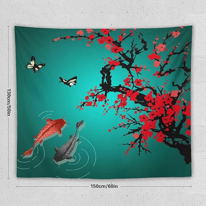 Houselerax Japanese Koi Fish Tapestry, Cherry Blossoms Asian Oriental Green Teal Floral Branch Koi Fish Carp Tapestries Wall Hanging for Bedroom Living Room Office Decor 60"x50"-Ruum Studio Home