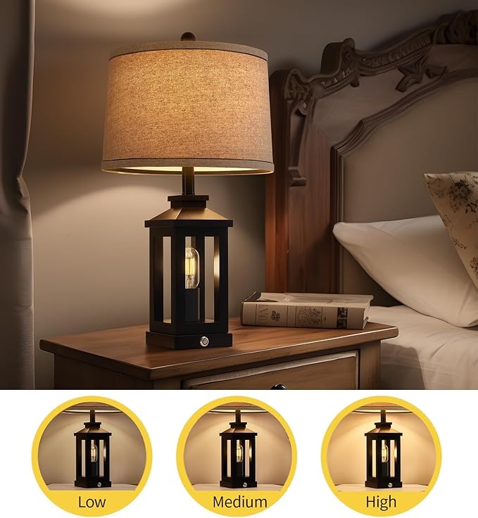 23.75" Retro Farmhouse Black Table Lamp for Living Room Bedroom Nightstand Set of 2 Touch Control Bedside Nightlight Vintage Modern Lamp with USB C+A Ports and 2 Light Sources-Ruum Studio Home