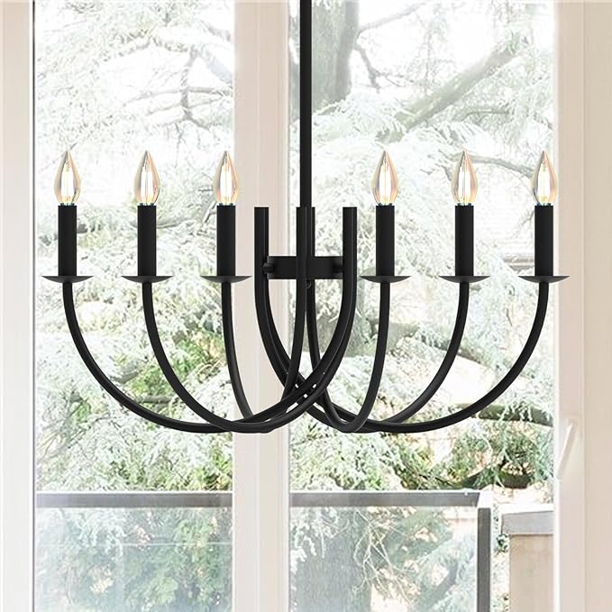 Black Dining Room Chandelier, LED Hanging Lamp Ceiling, Modern Round Candle Pendant Light Fixtures for Farmhouse Living Room Bedroom Kitchen Island (Black-C 6Lights)-Ruum Studio Home