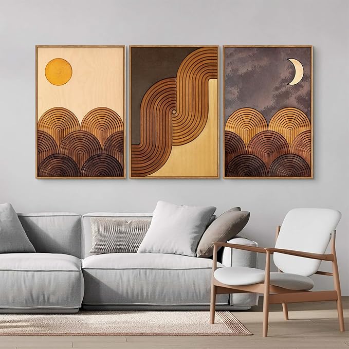 Tinonedraw Boho Mountain Framed Canvas Wall Art Set, Mid Century Modern Geometric Line Wall Decor, Bohemian Sun and Moon Art Paintings, Beige Brown Wooden Artwork for Living Room Bedroom Office 16"x24"x3-Ruum Studio Home