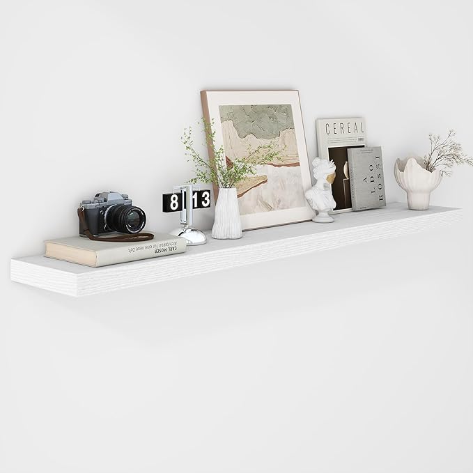 Fun Memories 55 Inch Floating Shelves - 9 Inch Deep Rustic Wooden Wall Shelves - Extra Deeper & Thicker Wall Mounted Storage Shelf for Living Room, Kitchen, Farmhouse - 55" W x 9" D x 1.8" H - White-Ruum Studio Home