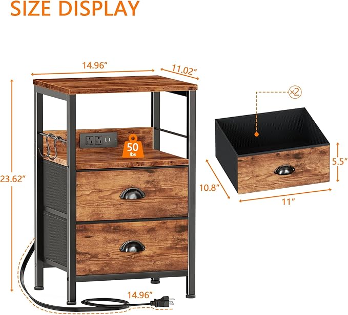Furologee Nightstand Set of 2, Rustic Brown, with Charging Station and USB Ports, Side Tables with 2 Fabric Drawers, Bedside Tables with Storage Shelf & Hooks, for Living Room/Bedroom-Ruum Studio Home