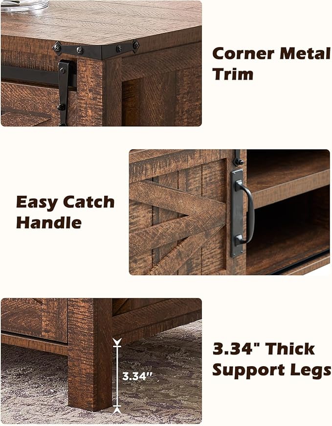 OKD 48" Farmhouse Lift Top Coffee Table with Sliding Barn Door,Rustic Center Table with Hidden Storage Compartment,Lifting Tabletop and Adjustable Shelf for Living Room,Office,Reclaimed Barnwood-Ruum Studio Home