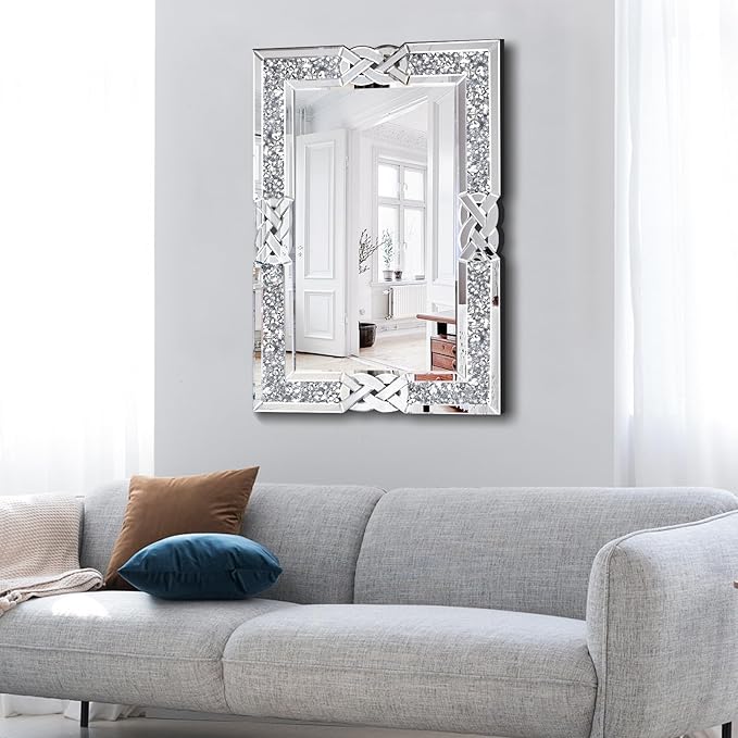 Crushed Diamond Decorative Wall Mirrors, 27.7x39.5 Inch Rectangle Living Room Mirrors for Wall Decor, Modern Glam Bathroom Dining Room Entryway Mirror Silver-Ruum Studio Home