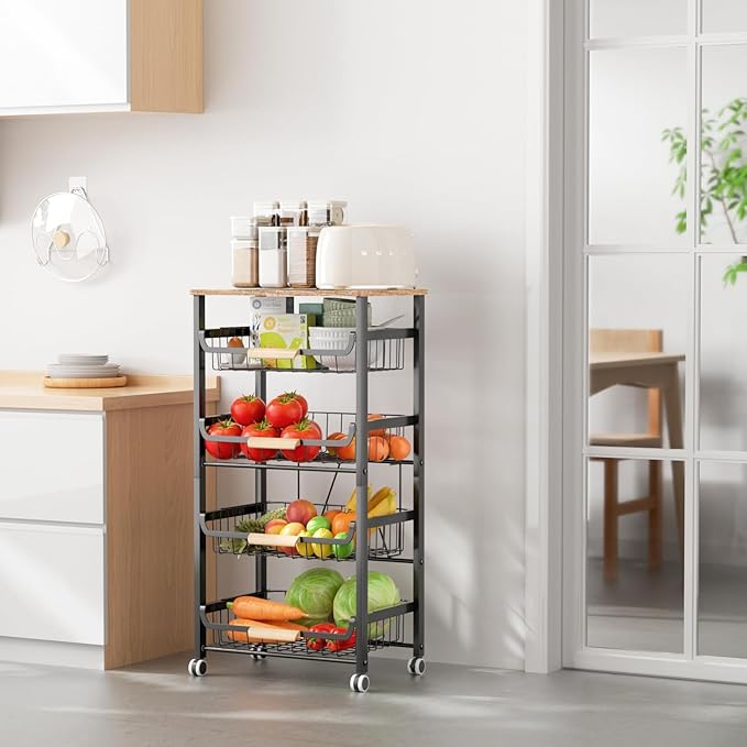 5-Layer Fruit Basket Kitchen Food Storage Organizer and Storage Rack, Stackable Storage cart with Desktop, Pull-Out Hollow Metal Storage Basket, Wheeled Sorting Rack Spice Rack-Ruum Studio Home