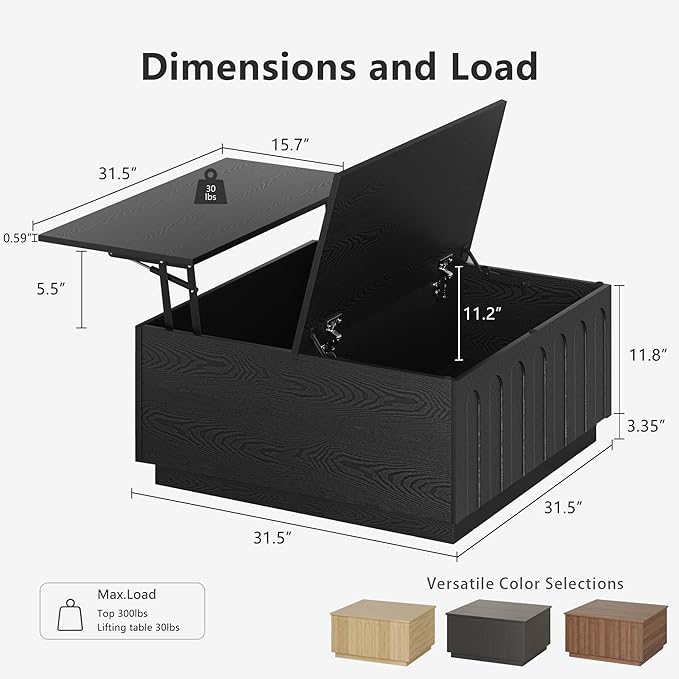 Lift Top Coffee Table with Storage, Modern Coffee Table with Arched Design, 31.5" Square Tea Table with Wood Grain, Minimalist Multifunctional Center Table for Living Room, Office, Black-Ruum Studio Home