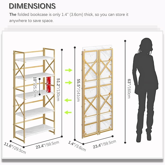 4NM 5 Tiers No Assembly Book Shelves, 51.2" H Folding Bookshelf Bookcase Open Industrial Foldable Shelves for Bedroom, Living Room, Home Office - White Gold-Ruum Studio Home