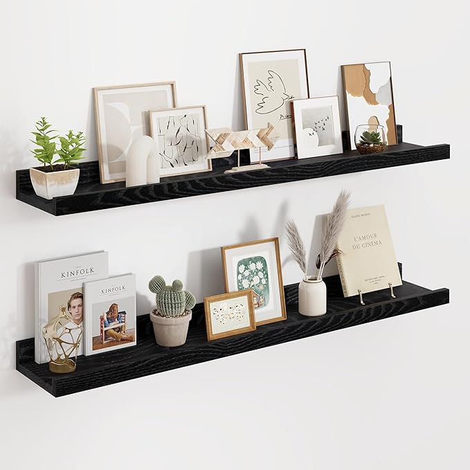 Floating Picture Ledge Shelves 36 Inch Solid Oak Wood Set of 2, Rustic Wall Storage Shelves with Lip, Kids Bookshelf, Photo & Picture Ledge Shelves for Bedroom, Living Room, Kitchen-Ruum Studio Home
