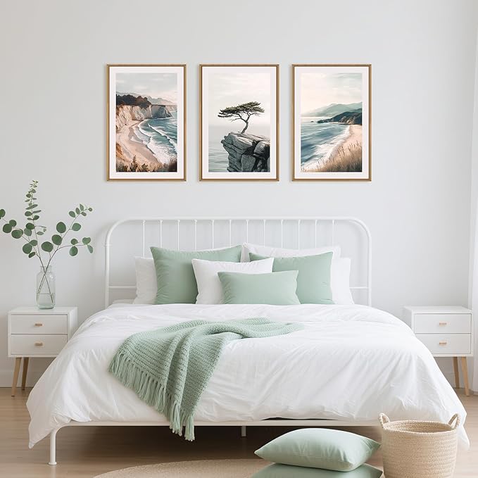 Amalfi Coastal Beach Framed Canvas Wall Art Set, Summer Ocean Wall Decor, Southwestern Beach Wall Painting, Ocean Seascape Art Prints for Living Room, Bedroom, Dining Room - 16"x24"x3-Ruum Studio Home