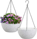 12 inch Large Hanging Planters for Indoor Outdoor Plants, 2 Pack Hanging Flower Pots with Drainage Holes and Chain for Garden Porch, Plastic Hanging Baskets for House Plants, Speckled White-Ruum Studio Home