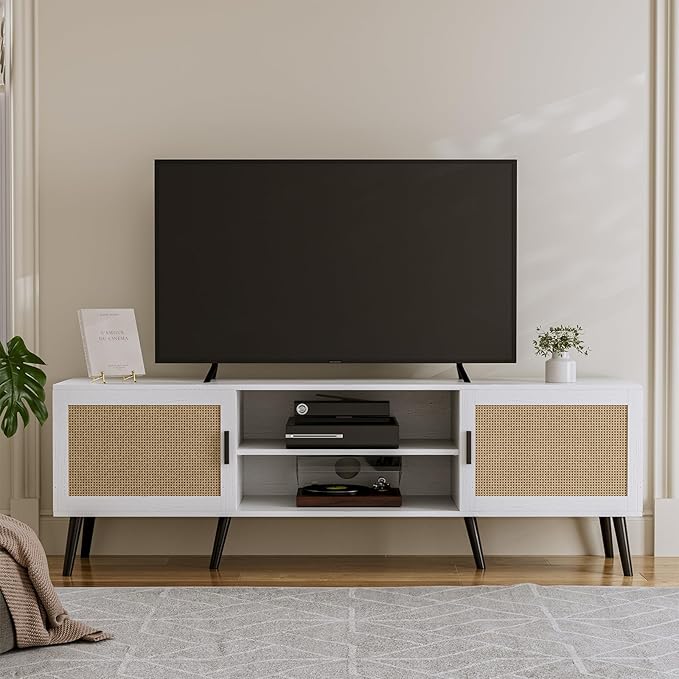 TV Stand for TVs up to 65'', Mid Century Modern Entertainment Center with Rattan Door, Shelves & 2 Cabinets, Boho Media TV Console for Living Room, Bedroom, White-Ruum Studio Home