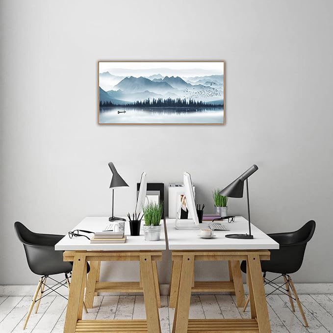 Indigo Framed Canvas Wall Art Misty Mountain Wall Pictures Foggy Lake Boat Canvas Painting Prints Forest Birds Canvas Wall Decor for Living Room Bedroom Decorations Framed 20" x 40" Natural-Ruum Studio Home