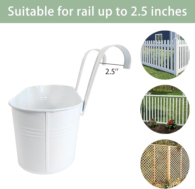 10" Hanging Flower Pots, Pack of 4 White Metal Outdoor Patio Balcony Planter, Railing Planters Fence Pot with Detachable Hook & Drainage Hole for Small Plants (White, 4Pcs)-Ruum Studio Home
