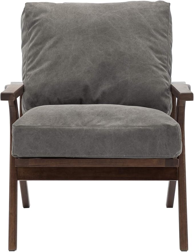 Wahson Mid Century Chair, Upholstered Accent Armchair, with Wood Frame and Canvas Cushions, Leisure Slipper Chair for Living Room/Bedroom, Grey-Ruum Studio Home