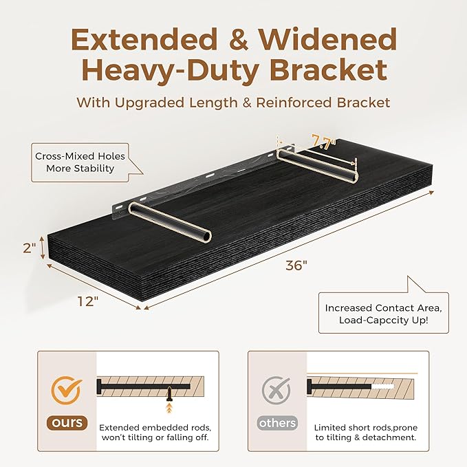 Black Floating Shelves 36 Inch Long, 12 Inch Deep Floating Shelves for Wall, 36 x 12 Shelves for Wall Storage & Display, 2" Thick Floating Shelf for Bathroom, Living Room, Bedroom, Set of 2-Ruum Studio Home