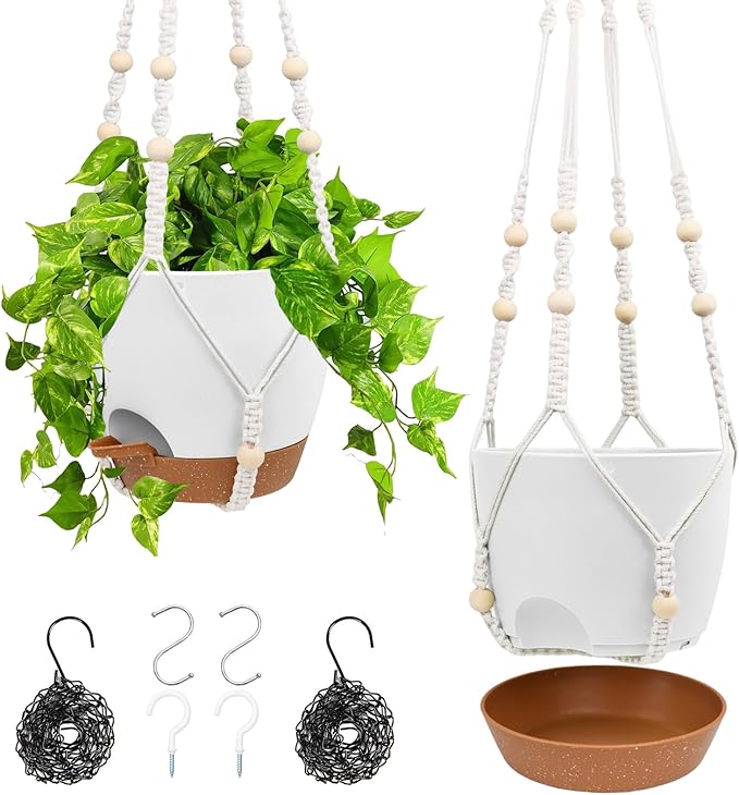 Hanging Planters for Indoor Outdoor Plants, 2 Pack Self Watering Hanging Pots, Hanging Plant Baskets with Drainage Holes & 2 Types of Plant Hangers (White, 6'')-Ruum Studio Home
