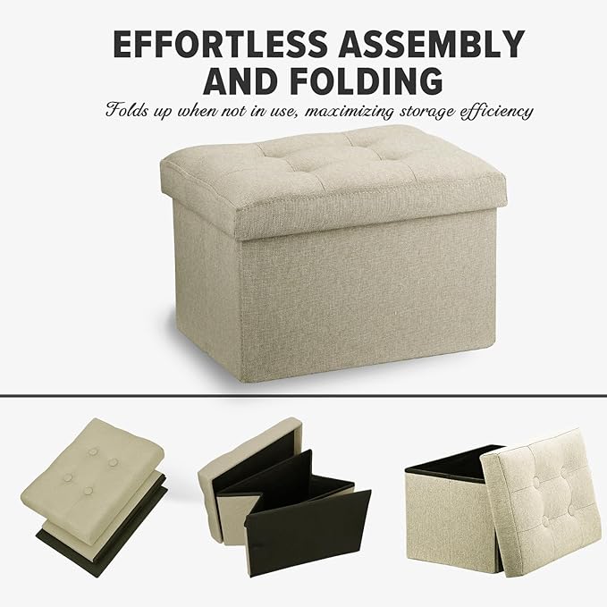 LINMAGCO Ottoman Storage Ottoman with Storage Small Foot Rest Stool Under Desk Stool Short Folding Footrest Linen Cloth Beigh 16X12X12IN-Ruum Studio Home