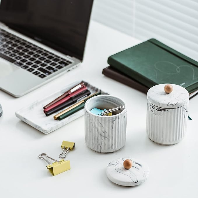Marble Small Bathroom Jar Set ，Ceramic Cotton Swabs Holder with Lid and Dresser Organizer Set Tray for Storage and Organizing in Bathroom, Dresser, Kitchen, Office-Ruum Studio Home