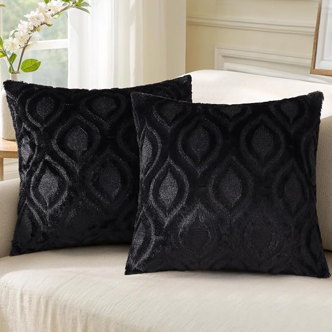 decorUhome Fall Throw Pillow Covers 18x18 Inch Set of 2, Soft Plush Decorative Faux Fur Black Solid Couch Pillow Covers, Accent Farmhouse Neutral Square Euro Pillow Cases for Sofa Bed Living Room-Ruum Studio Home