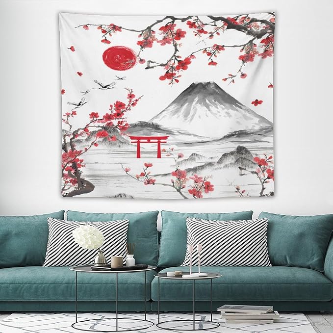 Red Cherry Blossoms Tapestry, Japanese Fuji Mountain Tapestry, Asian Japanese Wall Tapestry, Nature Landscape Tapestries for Bedroom Living Room Decor 60"x50"-Ruum Studio Home