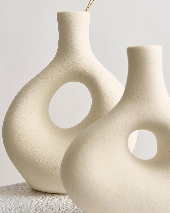 NOBULA White Ceramic Donut Vases – Modern Home Decor for Living Room, Bedroom & Table Centerpiece - Minimalist Nordic – Unique Vases for Olive Plant & Flowers – Decorative Coffee Table Vase Set of 2-Ruum Studio Home