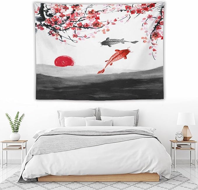 Houselerax Japanese Koi Fish Tapestries, Cherry Blossoms Asian Oriental Flower Branch Koi Fish Carp Tapestry Wall Hanging for Bedroom Living Room Office Decor 80"x60"-Ruum Studio Home