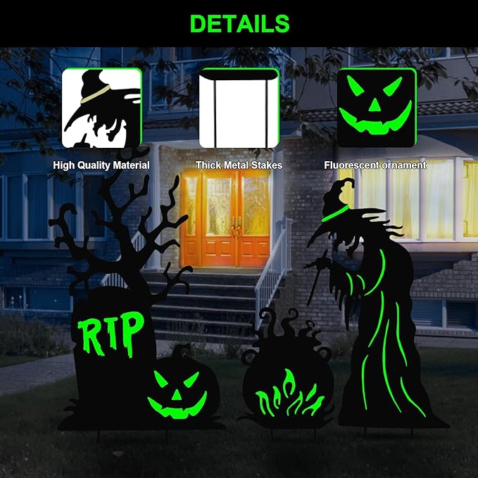 Halloween Yard Signs Outdoor Decorations，3 Pack Scary Large Witch Tombstone Cauldron Fluorescent Metal Stakes Glow in The Dark for Lawn Garden Halloween Decor (Large Witch Tombstone Cauldron)-Ruum Studio Home