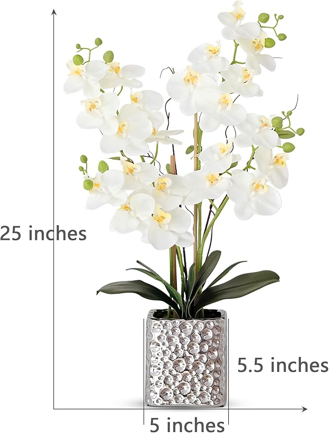 Orchid Artificial Flowers with Sliver Vase Large Silk Faux Phalaenopsis Flowers for Dining Room Table Floral Centerpieces Indoor Decoration,White-Ruum Studio Home