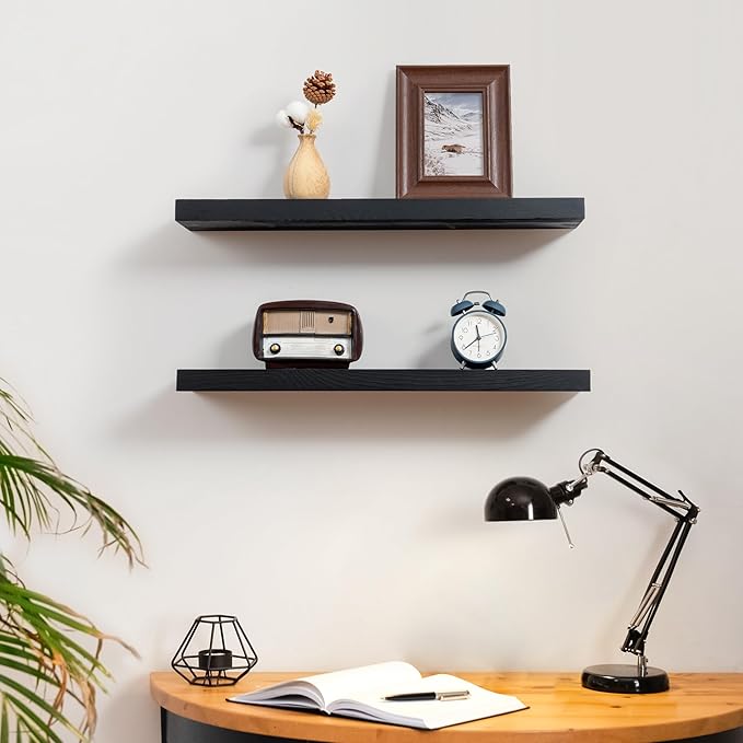 Fun Memories Handcrafted European Pine Floating Shelves - Natural Rustic Wooden Wall Shelf Set of 2-24 Inch Storage Shelf Display Shelf for Kitchen Bathroom Living Room Bedroom Farmhouse - Black-Ruum Studio Home