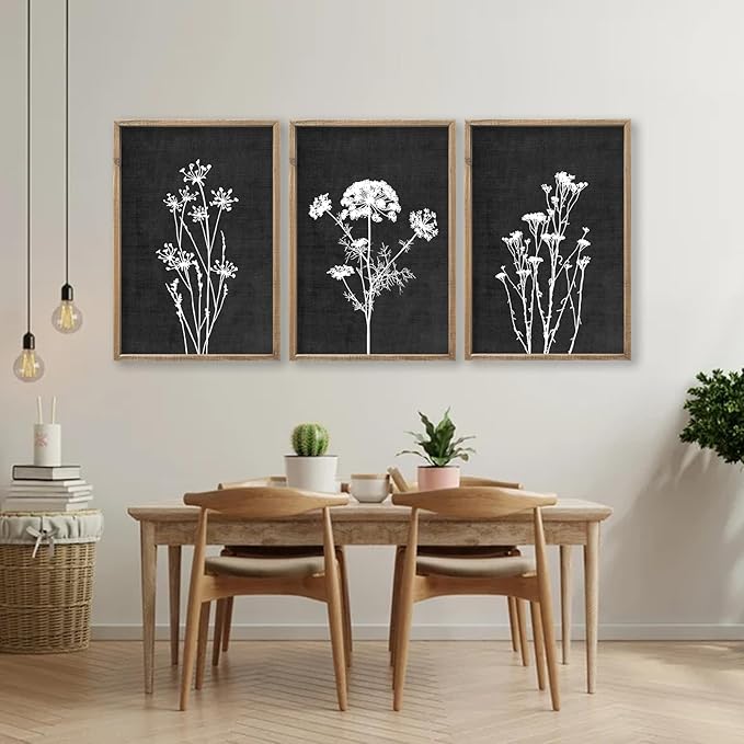 Flower Plant Wall Art Decor 24"x16" Set of 3 Black And White Botanical Painting Wood Framed For Minimalist Bedroom Office Rustic Living Room Abstract Wildflower Sign Hanging (Wood Black)-Ruum Studio Home