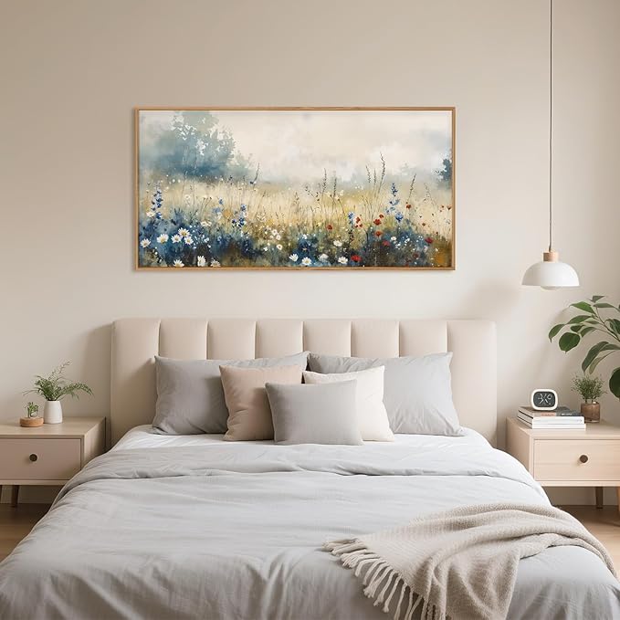 Nature Wildflower Framed Canvas Wall Art Set, Pastoral Landscape Wall Decor, Colorful Meadow Wall Painting, Rustic Floral Art Print for Living Room, Bedroom, Office - 20"X40"-Ruum Studio Home