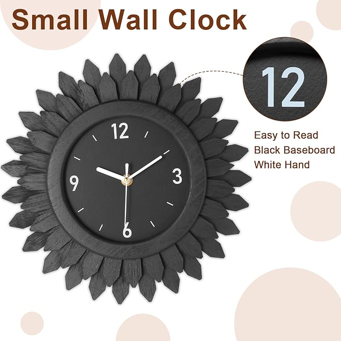 Honiway Wall Clock Battery Operated 12 Inch Rustic Wooden Boho Sunburst Decorative Wall Clock Silent Non-Ticking Black Wall Decor Clocks for Living Room Kitchen Bathroom Bedroom (Black)-Ruum Studio Home