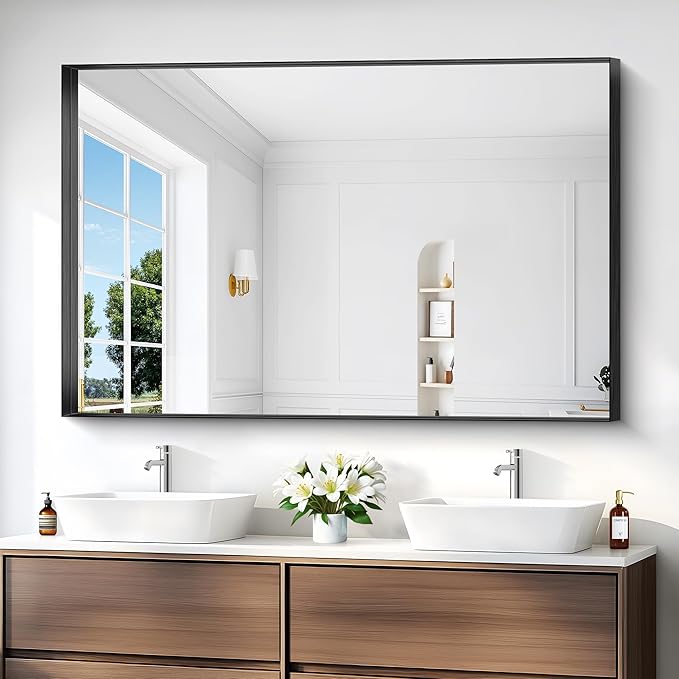 Black Bathroom Mirror, 36x55 Inch Rectangular Deep Frame Mirror, Large Wall Mounted Bathroom Vanity Mirror Over Sink for Bedroom,Restroom, Living Room, Hangs Vertically or Horizontally-Ruum Studio Home