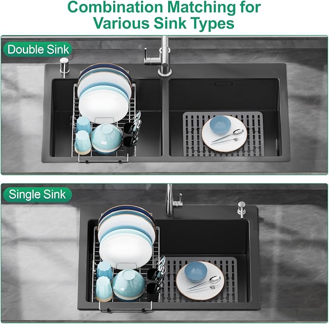 GSlife Expandable Dish Drying Rack - Stainless Steel Capacity Adjustable Over The Sink Rack (10.8''-17.9'') with Sink Mat, Dish Drainer for Kitchen Sink Counter with Utensil Holder, Silver-Ruum Studio Home