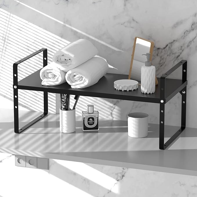 iPEGTOP 2 Pack Expandable Cabinet Storage Shelf Organizer Rack, Heavy Duty Steel Metal Spice Rack Adjustable Height Office Garage Pantry Shelf Space Riser for Counter Kitchen Organization, Black-Ruum Studio Home