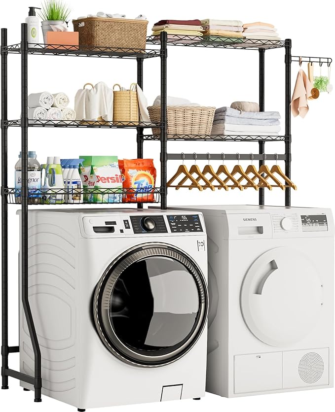 Over Washer and Dryer Shelves,Heavy Duty Laundry Room Storage Organization Clothes Drying Rack,5 Tier Adjustable Height Wire Shelving and Wire Basket with Hanger Rod&Hook,Space Saving Shelf-Ruum Studio Home