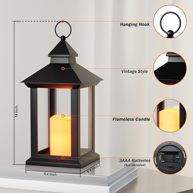 Lanterns Decorative Indoor, 1 Pack Black Outdoor Lantern with Timer, 14" Lantern Waterproof with Battery Operated Candle, Outdoor Hanging Lanterns for Porch, Patio, Wedding Decor-Ruum Studio Home