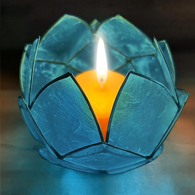 Blooming Lotus Capiz Shell Tealight Candle Holder, Handcrafted Decorative Tea Light Candleholder with Translucent Flower Petals for Ambient Illumination and Natural Elegance, Aquamarine-Ruum Studio Home