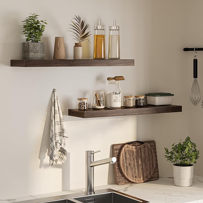 Floating Shelves for Wall, 36" W x 8" D x 1.5" H, Wooden Wall Mounted Display Shelves with Invisible Brackets for Living Room, Bedroom, Bathroom, Kitchen Decor and Storage, Set of 2, Walnut-Ruum Studio Home