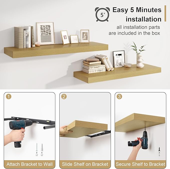 Heimlove Bathroom 12'' Deep Floating Shelves for Wall - Shelf Over Toilet Wall Mounted Farmhouse 24 inches,Rustic Wood Wall Shelves Decor & Storage Set of 1 Oak-Ruum Studio Home