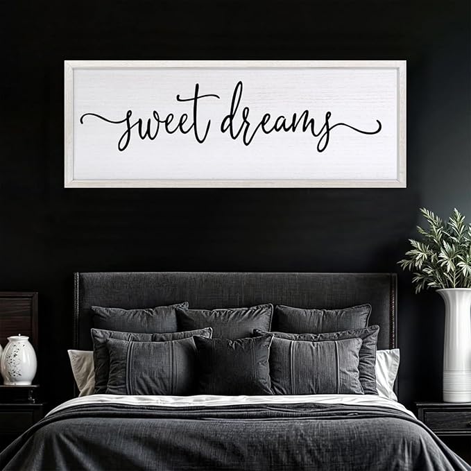 Sweet Dreams Over Bed Wall Decor 32"×12" for Master Bedroom Above Bed Wood Framed Wall Art Sign (White)-Ruum Studio Home