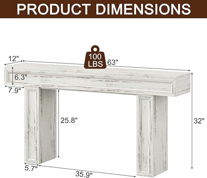 Rresyet 63 Inch Long Console Table, Sofa Table Behind Sofa, Wooden Entryway Table, Farmhouse Entryway Table for Entry, Hallway, Living Room (White)-Ruum Studio Home