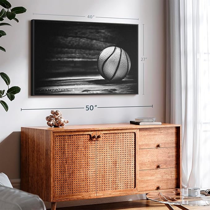 ElephantStock Basketball Wall Art - Horizontal Framed Canvas - 1-Piece Hallway Wall Decor - Photography sports Canvas Print - Black and Gray Decor for Wall - 40" X 27"-Ruum Studio Home
