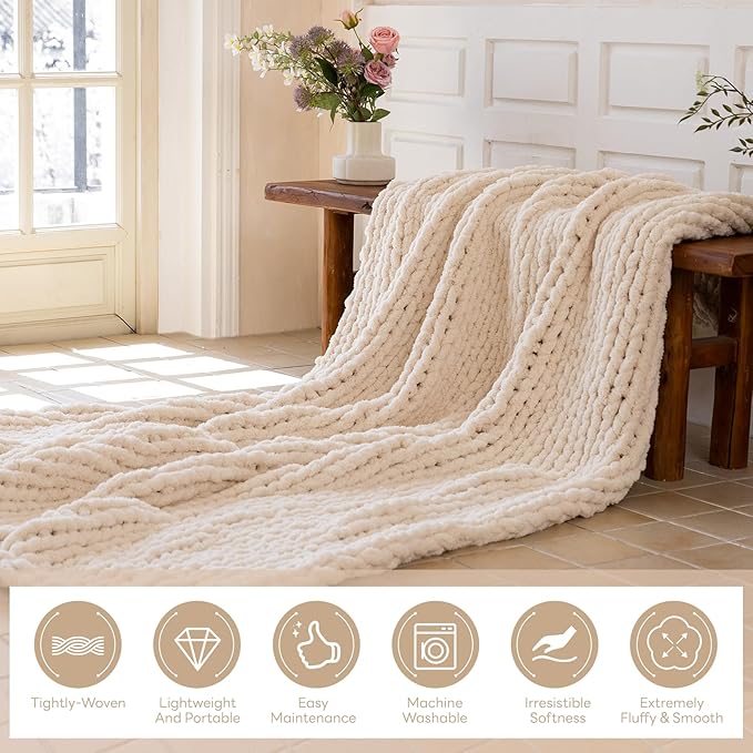 Chunky Knit Blanket - Luxury Soft Cozy Extra Large Size (80 * 90) Throw Blanket,100% Woven Blanket Rope Knot Throw Blanket for Couch, Sofa, Home Decor, Gift - Machine Washable（Cream）-Ruum Studio Home