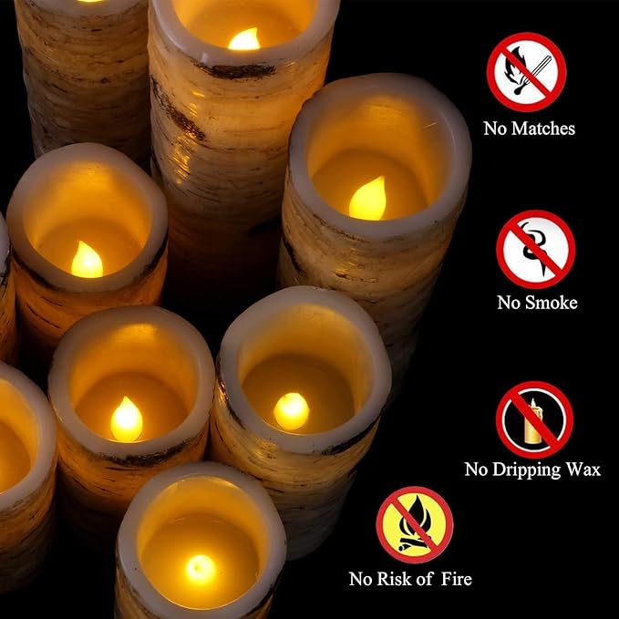 Flameless Flickering LED Candles with Birch Bark Effect - Set of 9 Battery-Operated Real Wax Pillar Candles with 10-Key Remote Control - 2/4/6/8 Hour Timer-Ruum Studio Home