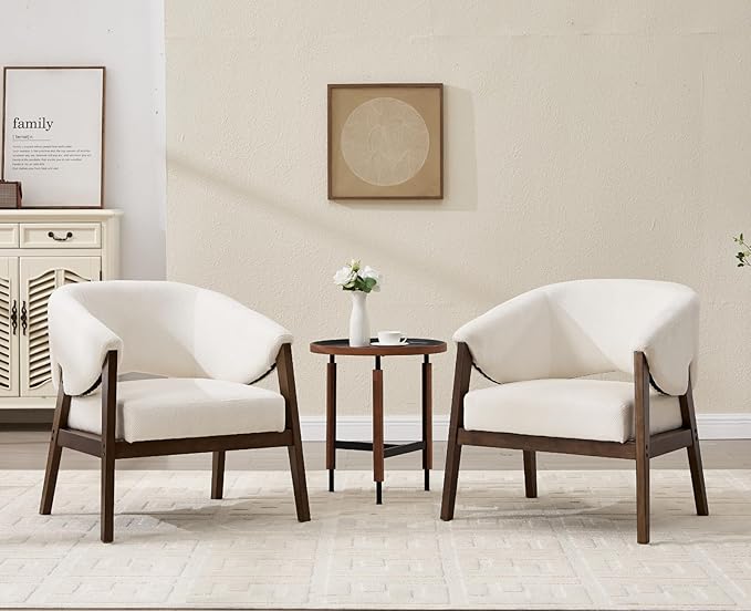 Mid-Century Modern Accent Chair, Comfy Barrel Armchair with Wide Seat, Upholstered Lounge Chair with Walnut Wood Legs for Living Room/Bedroom/Reading Corner, Chenille, Beige, 1PC-Ruum Studio Home