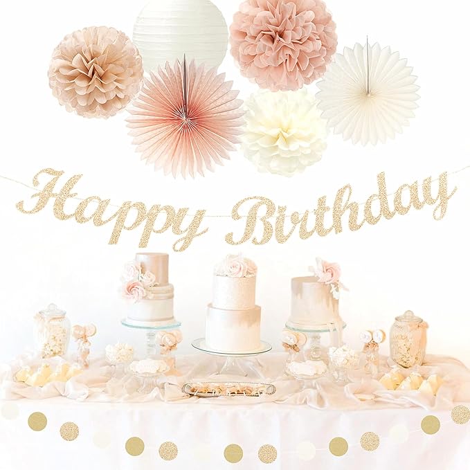 Champagne Rose-Gold Beige Birthday Party-Decorations - 14pcs Happy Banner Boho Lanterns Tissue Pom Poms,Rustic Streamers Garland Fans,Neutral One Sweet Peach Girls Women Hanging Supplies Decor Hugfond-Ruum Studio Home