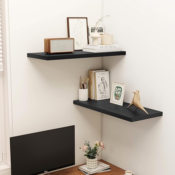 32" Floating Shelves for Wall, 12" Deep Slim Black Floating Shelves, Wall-Mounted Shelves for Bedroom, Living Room, Kitchen, Bathroom - Set of 2-Ruum Studio Home