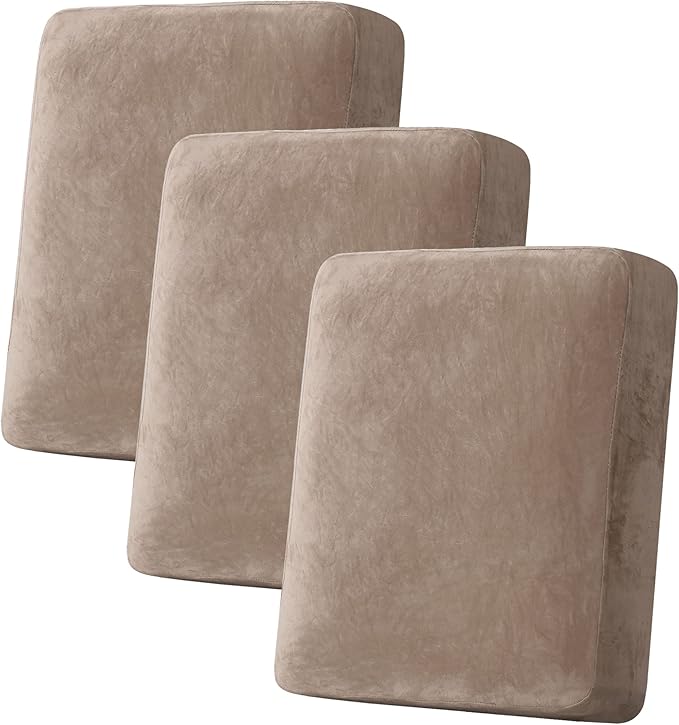 H.VERSAILTEX Velvet Stretch Couch Cushion Cover Plush Cushion Slipcover for Chair Loveseat Sofa Cushion Furniture Protector Seat Cushion Sofa Cover (3 Piece Sofa Cushion Covers, Taupe)-Ruum Studio Home